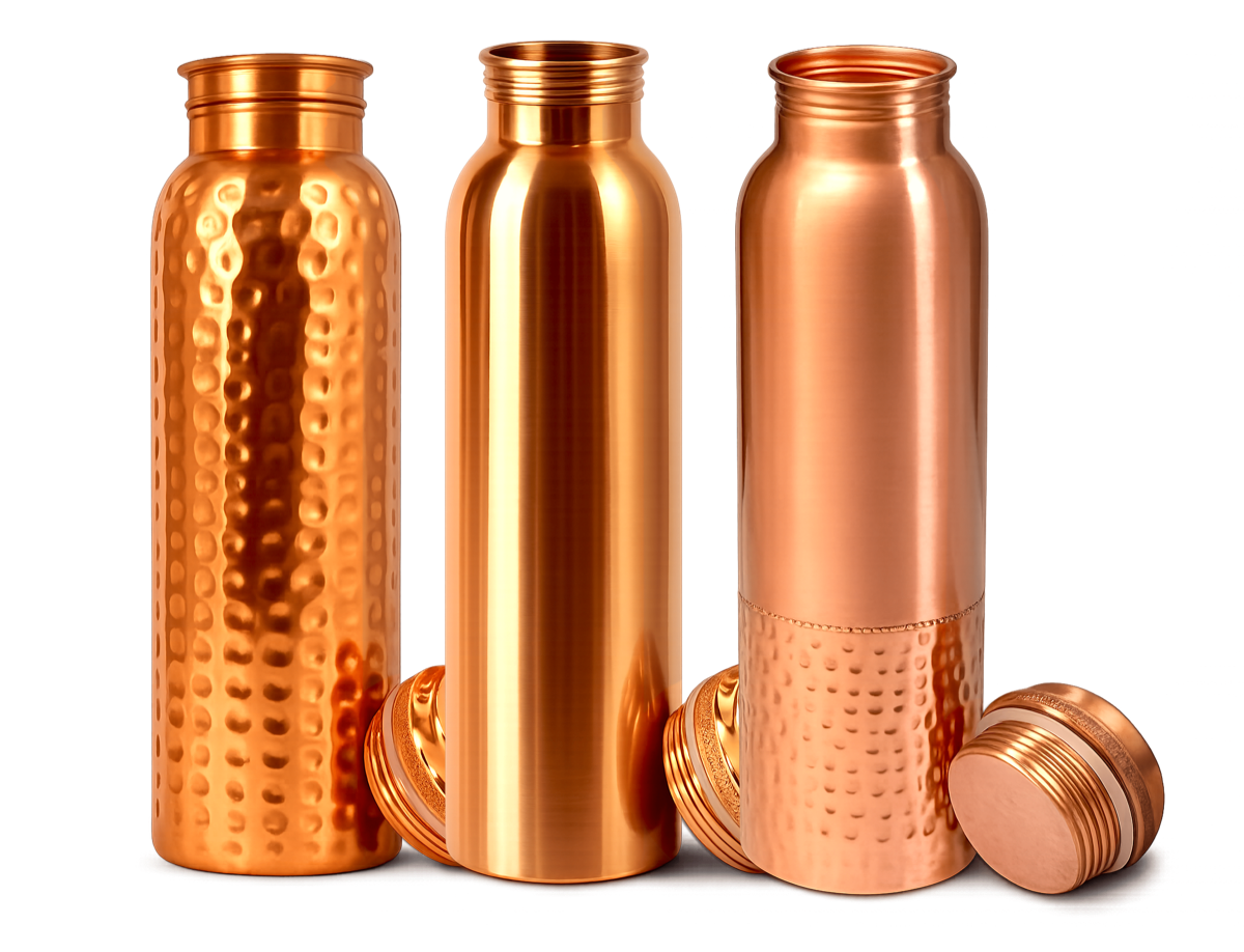 DIPHORIA pure copper water bottles — three artisan finishes