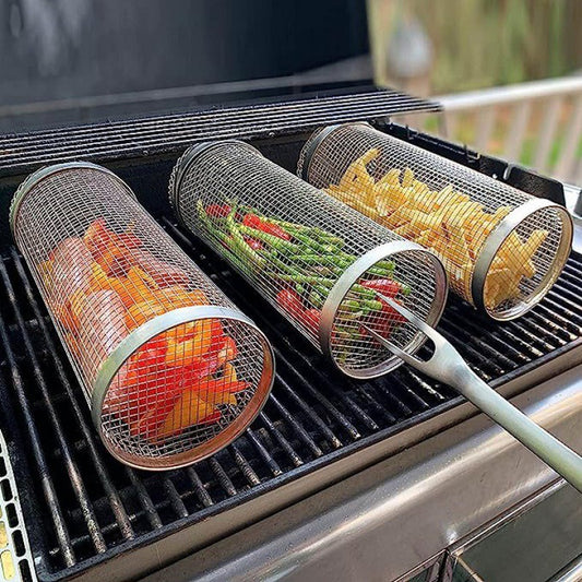 Rolling Grilling Basket – Portable Metal BBQ Rack for Outdoor & Camping