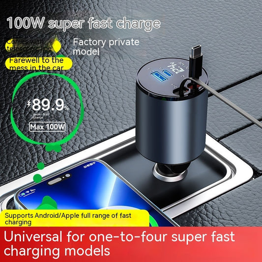 4-in-1 100W Car Charger | USB & Type-C | Auto-Retractable Cable