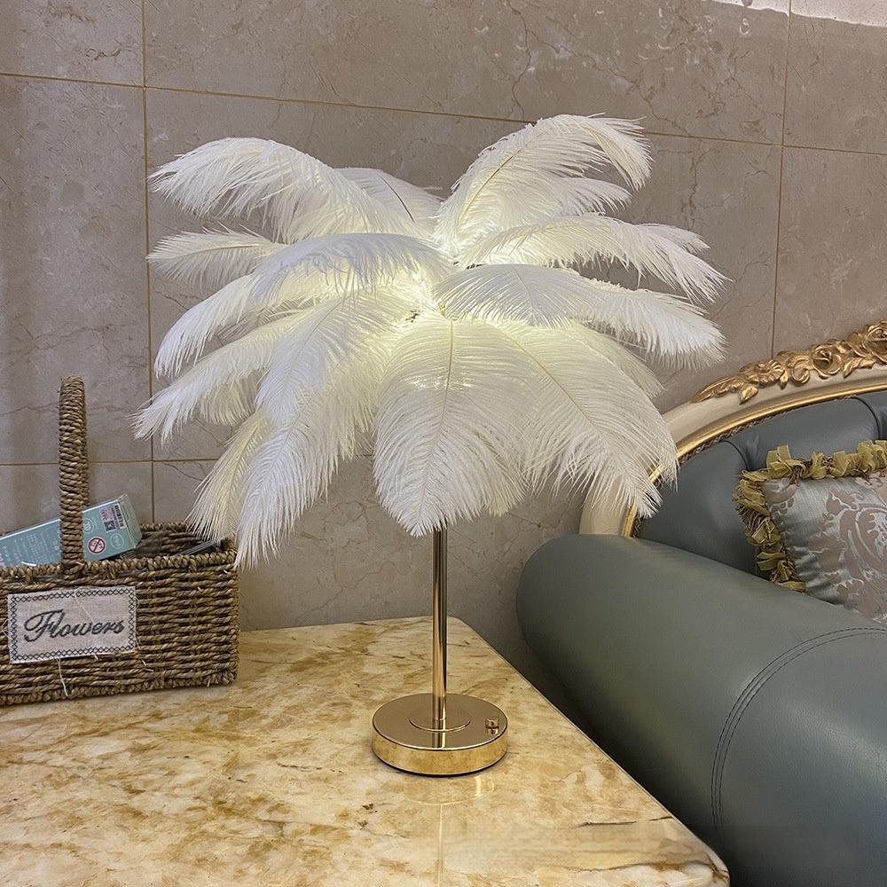 Natural Ostrich Feather Usb Charging Night Lamp Atmosphere Girls Bedroom Cozy True Feathers - Diphoria